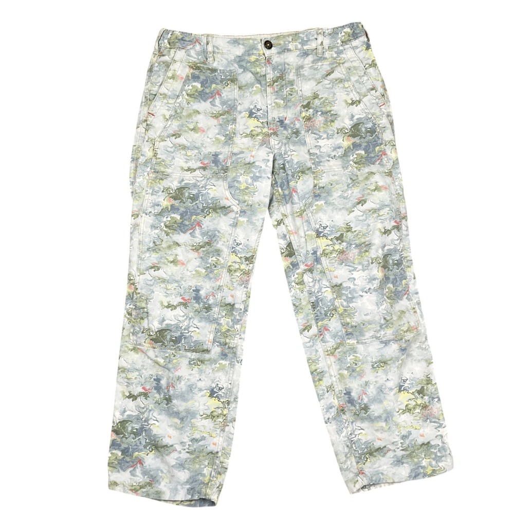 Pilcro Roamer Pants Womens 31 Green Blue Abstract Camo Utility Cottagecore Denim